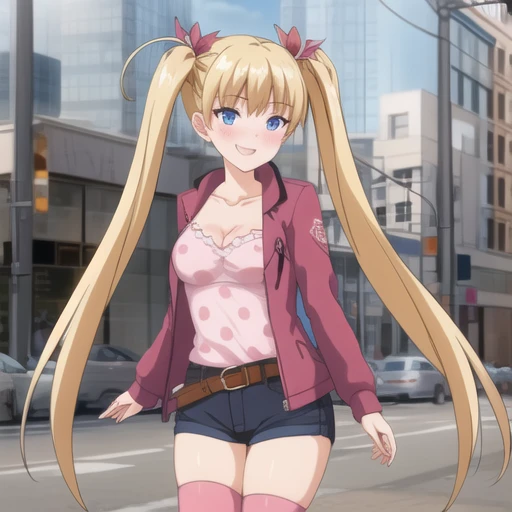 (masterpiece, best quality:1.2),illustration,8k,hd,1girl,solo,full body,long_hair,blush,smile,blue_eyes,blonde_hair,ribbon,twintails,hair_ribbon,ahoge,collarbone,very_long_hair,long_sleeves,pink jacket,polka_dot,camisole,denim_shorts,red_belt,striped_thighhighs,medium_breasts,<lora:Akitsuki Airi-V1:0.9>,