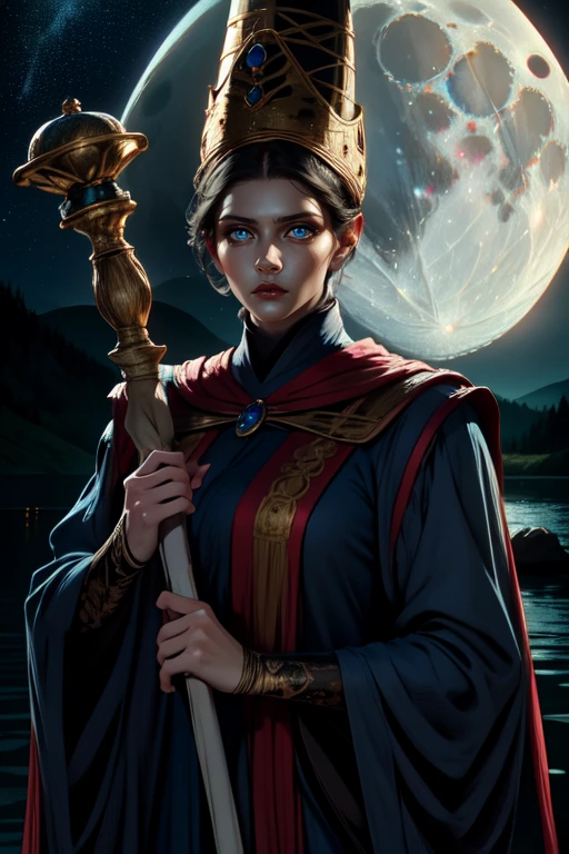 Rennala,short black hair,blue eyes, upper body, sad expression, cowboy shot, holding a large staff, ReDres,jewelry, tight blue robe,long crown,long sleeves, wide sleeves, tall woman, empty lake, moon close-up, nighttime ,stars, dark dungeon,(insanely detailed, beautiful detailed face, masterpiece, detailed eyes, best quality),realistic,
<lora:Rennala-10v3:0.7>