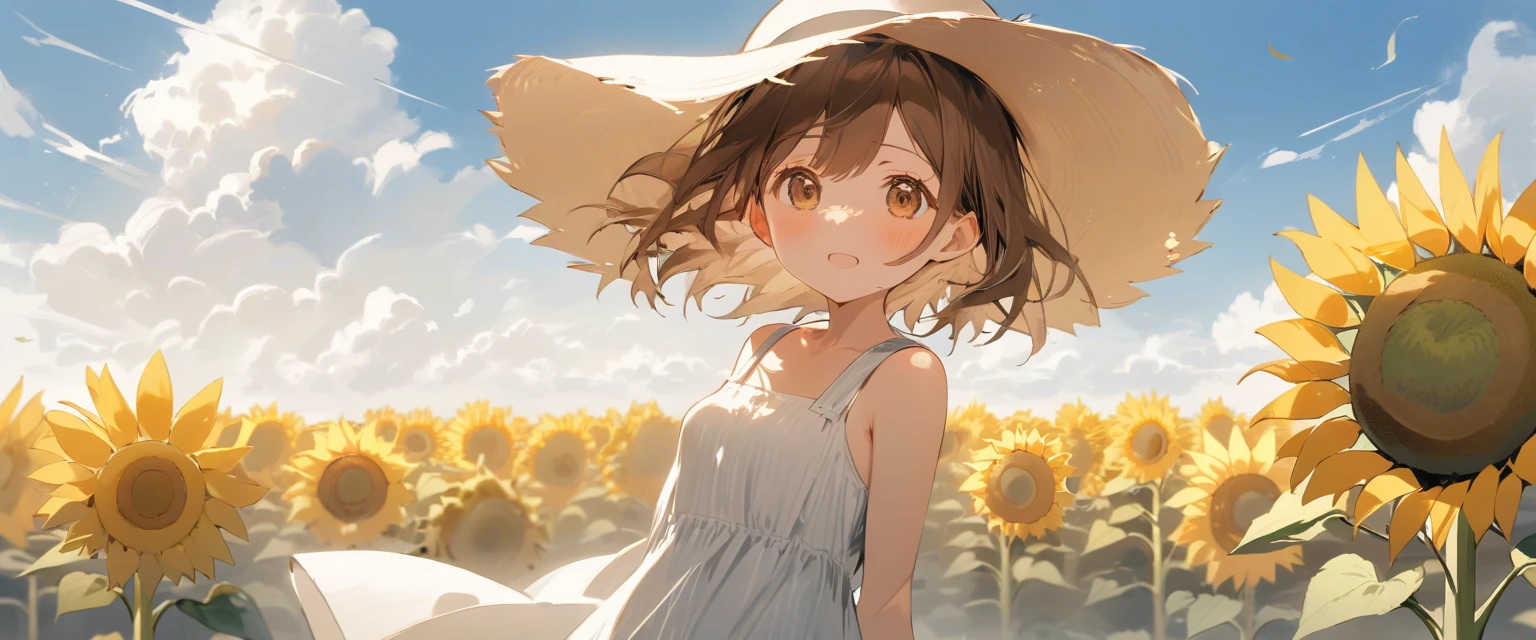 masterpiece, best quality, 1girl, sunflower, solo, outdoors, white sundress, brown hair, upper body, day, closed mouth, brown eyes, looking at viewer, sleeveless dress, blue sky, sun hat, cloud