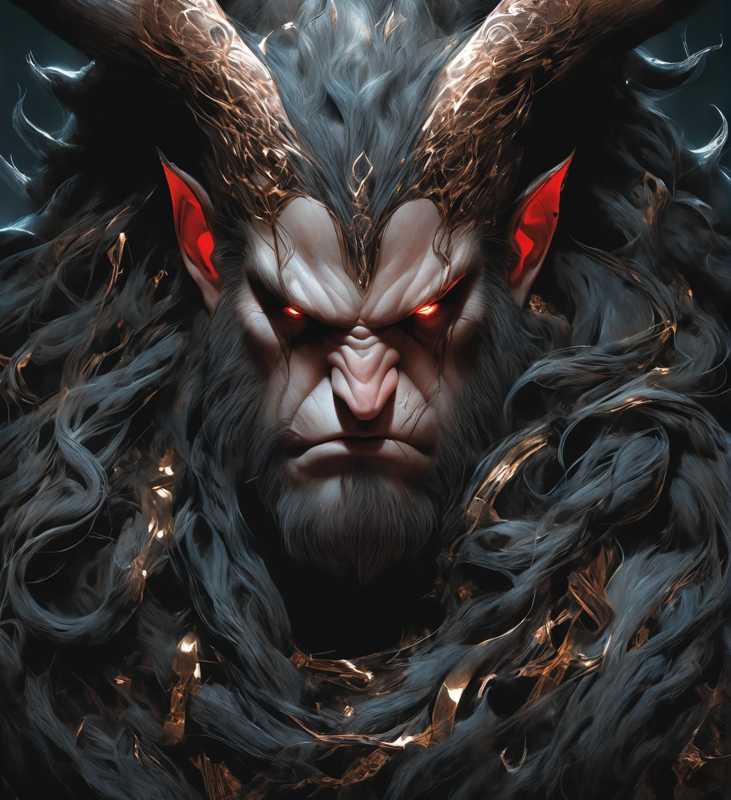 Portrait of a dark god, copper wires, visible scars and nerves, intricate, headshot, highly detailed, digital painting, artstation, concept art, sharp focus, cinematic lighting, illustration, art by artgerm and greg rutkowski, alphonse mocha, cgsociety, olivia