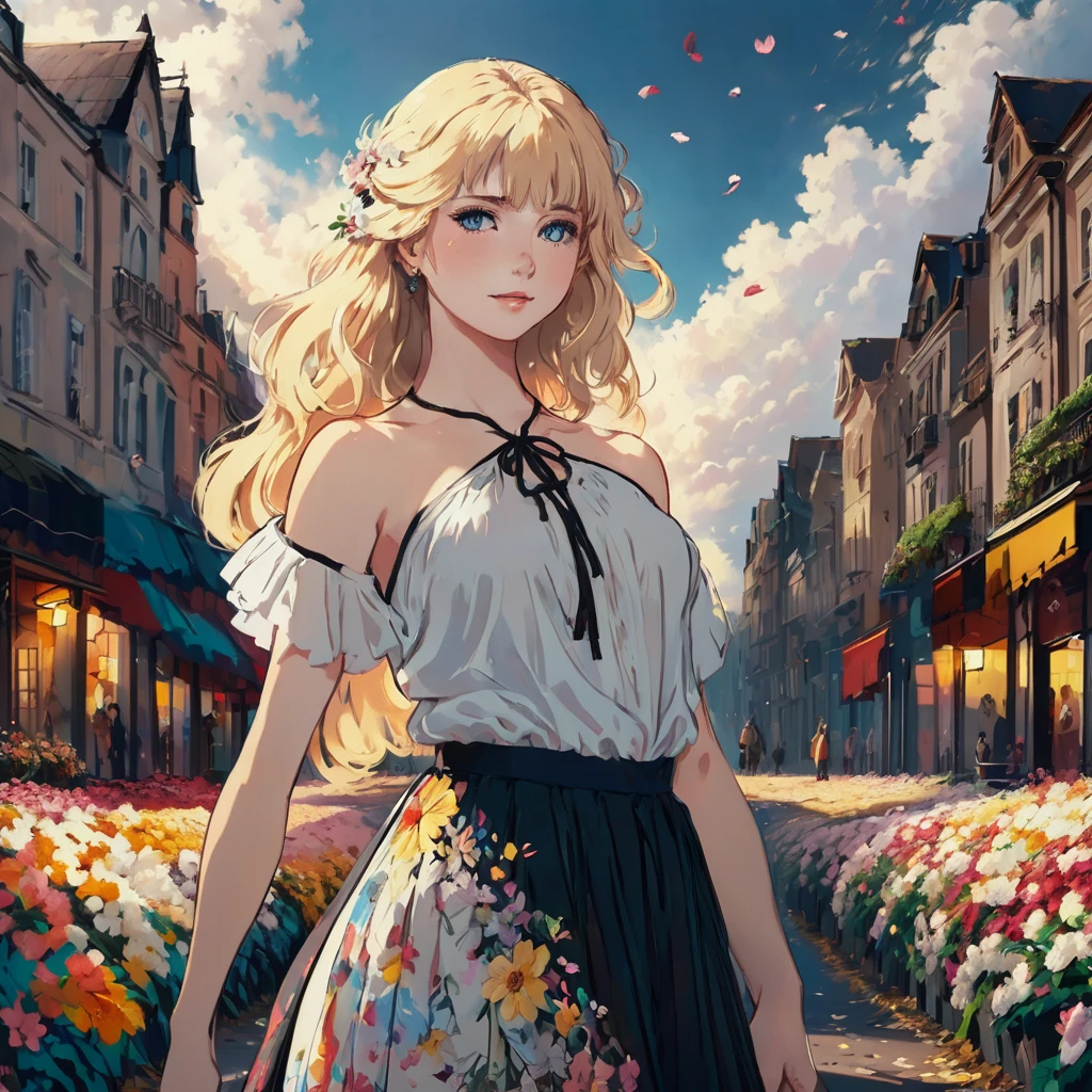 masterpiece,best quality,8k,2D,dark theme,(colorful:1.1),1girl,shoulder cutout,backless outfit,(finely detailed beautiful eyes and detailed face:1.1),blonde hair,solo,smile,intricate skirt,falling petals,cloudy_sky,day,wind,floral street,