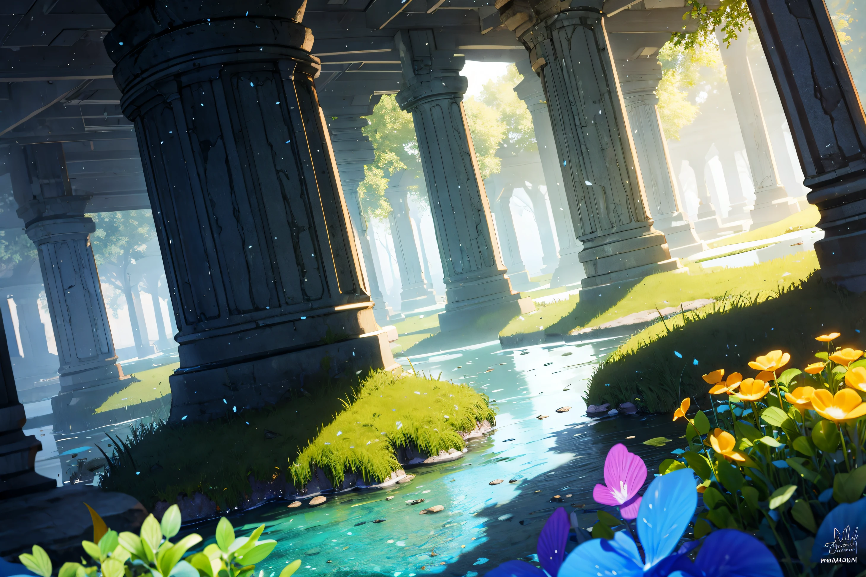 (Masterpiece, Best Quality:1.3), insanely detailed, top quality, 8k, (3d, deep depth of field:1.2), (ultra-detailed), ((thick outline)), lineart, illustration, hyperrealistic, day, light theme, (cinematic1.3), cg unity wallpaper, concept art, cartoon, (in the style of pixar:1.3), water, ripples, isolated, (glowing), glass, floating, seafoam green, pillars, on ground, panoramic view, fantasy, otherworldly, uhdr, film grain rtx, beautiful, highly detailed, looking at viewer, backlighting, fantastic, epic, bloom, (details:1.2), volumetric lighting, shadow, (shiny), sharp focus, floating particles, nature, scenery, glitter, shimmer,((colorful)), vivid, ((depth of field)), shadow, colorful, highly detailed, ((cinematic)), perfect composition, ((no humans)), gritty, (((extremely detailed))), ((fantasy, fairytale)), epic