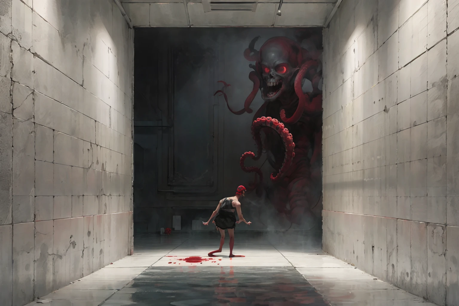 (masterpiece, top quality),high quality),horror (theme),tiles,blood,door,tile floor,monster,indoors,eldritch abomination,corpse,silhouette,shadow,1girl,hallway,solo,cracked wall,tentacles,death,tile wall,1other,no humans,dark,wall,standing,long hair,multiple others,bathroom,scenery,horror (theme),