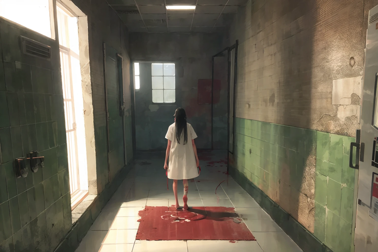 (masterpiece, top quality),high quality),horror (theme),tiles,blood,door,tile floor,monster,indoors,eldritch abomination,corpse,silhouette,shadow,1girl,hallway,solo,cracked wall,tentacles,death,tile wall,1other,no humans,dark,wall,standing,long hair,multiple others,bathroom,scenery,horror (theme),