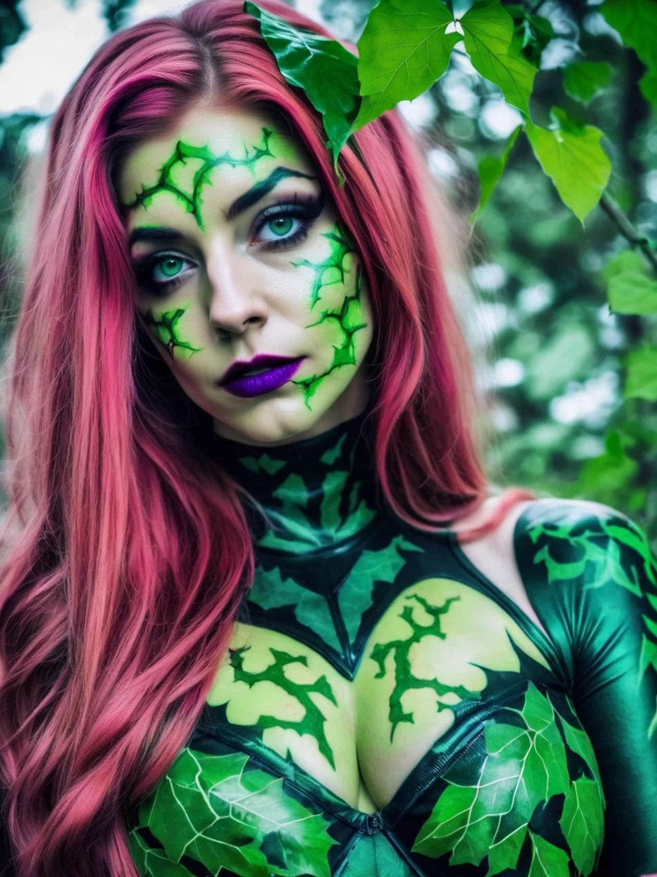 realistic photo of nikkiof dressed as a real life version of (Poison Ivy:0.9), cosplay, instagram LUT