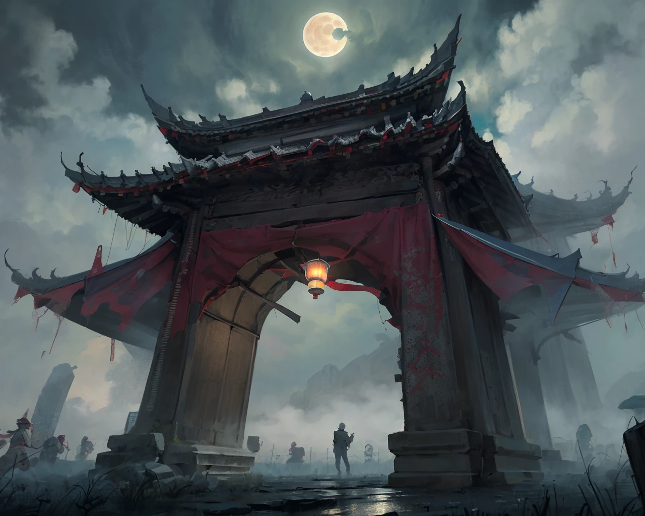 masterpiece,(masterpiece, top quality, best quality,moon, architecture, lantern, east asian architecture, night, sky, cloud, full moon, outdoors, holding, scenery, cloudy sky, fog, horror (theme)