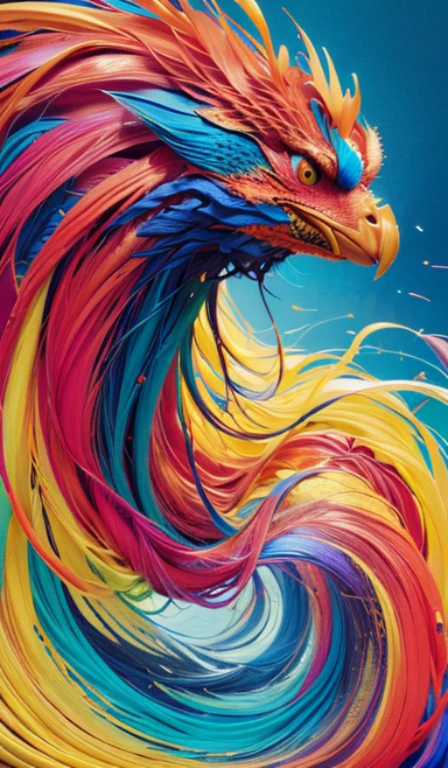 Abstract, 8K, photo shot from front, mid-body portrait, highly-detailed, (flat color:1.1),(colorful:1.3),(masterpiece:1.2), best quality, masterpiece, original, extremely detailed wallpaper, looking at viewer, erjie,1girl,solo,<lora:Threesister-erjiev2:0.6>, happy to riding a phoenix on the clody sky, <lora:riding_a:0.1>,<lora:phoenix_v1.0:0.3>, a lot of details,mysterious expression, in a modern and abstract setting, with bold and colorful abstract art, blurred background, bright lighting,