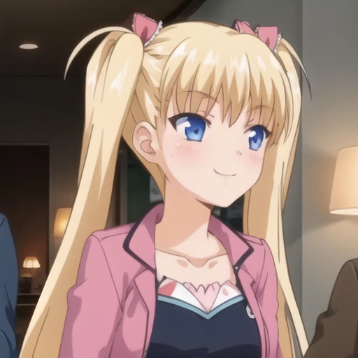 (masterpiece, best quality:1.2),illustration,8k,hd,1girl,solo,upper body,(portrait:1.2),long_hair,blush,smile,blue_eyes,blonde_hair,ribbon,twintails,hair_ribbon,ahoge,collarbone,very_long_hair,long_sleeves,pink jacket,polka_dot,camisole,denim_shorts,red_belt,striped_thighhighs,medium_breasts,<lora:Akitsuki Airi-V1:0.9>,