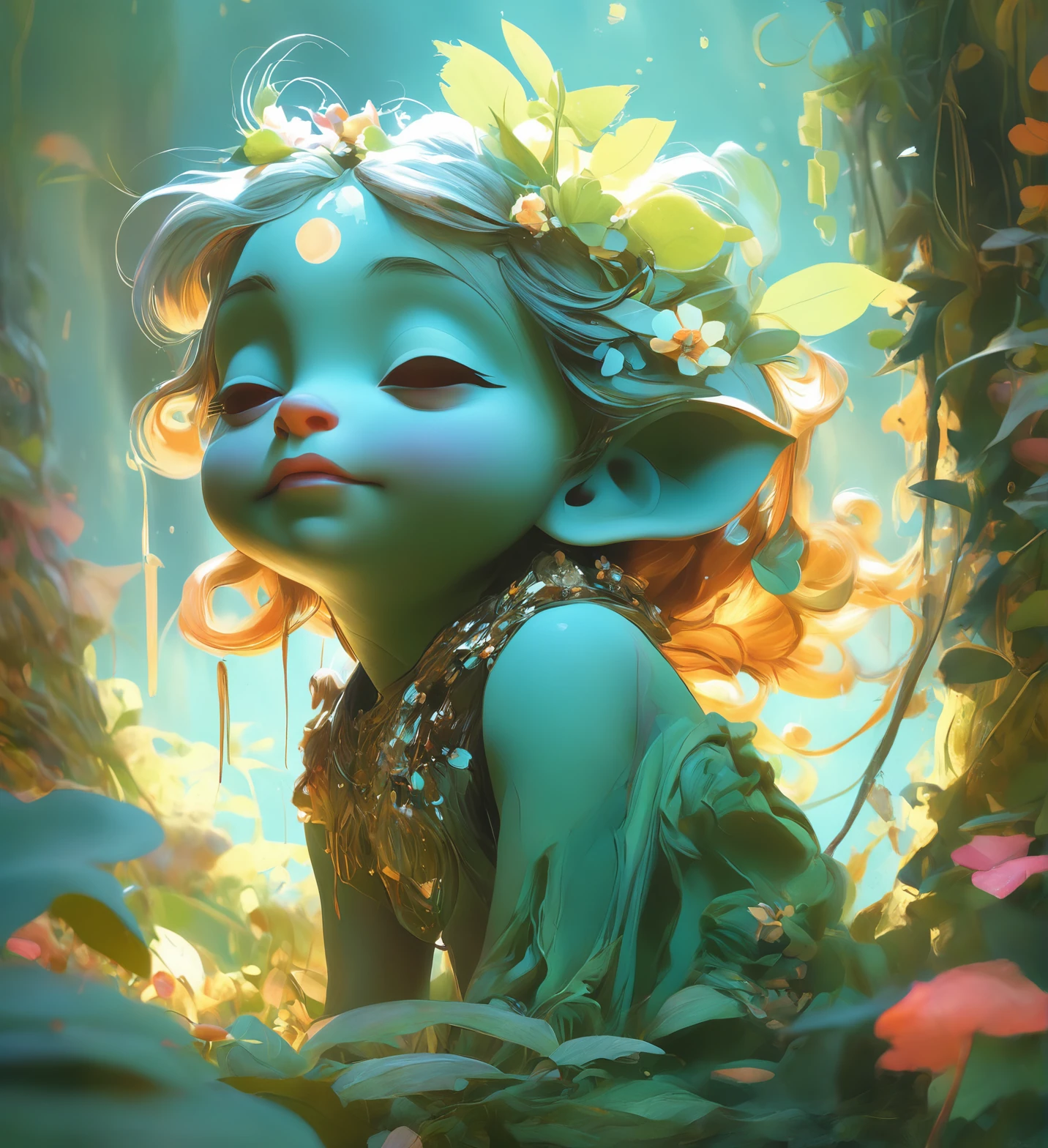 olpntng style, Cute little fantasy child creature, garden, trending on artstation, 4k, intricate details, highly detailed, pencil drawing, sketching, unreal engine, greg rutkowski, loish, rhads, beeple, makoto shinkai and lois van baarle, ilya kuvshinov, rossdraws, tom bagshaw, alphonse mucha, oil painting, heavy strokes, paint dripping, oil painting, heavy strokes, paint dripping