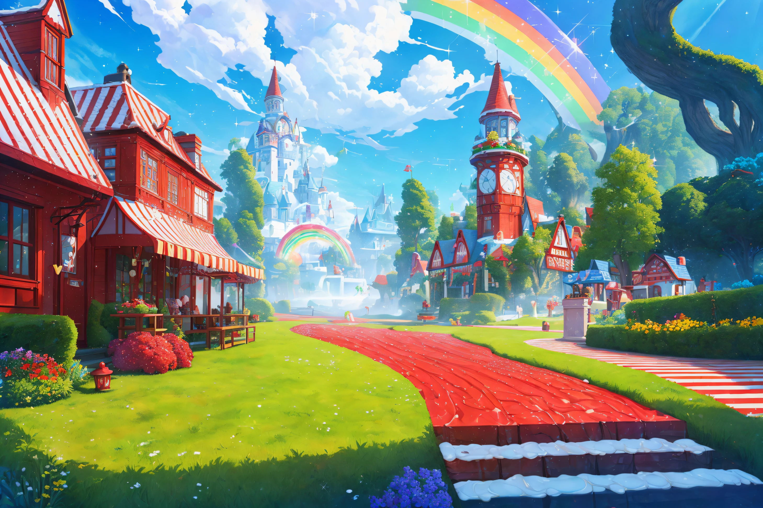 (Masterpiece, best quality:1.3), highly detailed, fantasy, 8k, candyland, dynamic, cinematic, ultra-detailed, full background, fantasy, illustration, drip, sparkle, chocolate, drizzle, glaze:1.3), chocolate bar, house, path, [candycane forest:0.4], beautiful, grass, syrup, glitter, scenery, ((no humans)), drizzle, beautiful, (shiny:1.2), various colors, bloom:0.4, extremely detailed, (red and white theme:1.3), striped, rainbow, (gradients), lively, perfect composition