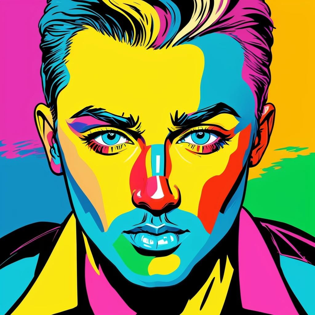 Pop Art portrait of an iconic male celebrity, detailed face, vivid colors, pop art style, color splash, thick lines, geometric shapes, thick outlines, bold brushstrokes, exaggerated features, Pop Art colors, Pop Art patterns, Pop Art style, bold colors, bold lines