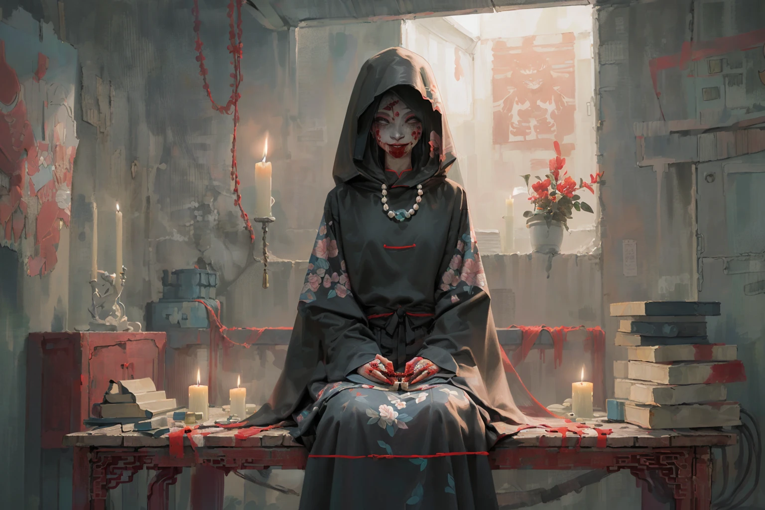 masterpiece,(masterpiece, top quality, best quality, solo, sitting, beads, veil, holding, jewelry, looking at viewer, necklace, candle, 1girl, indoors, hood, long sleeves, blood, floral print, hood up, smile, dark, chinese clothes,dress, horror (theme)