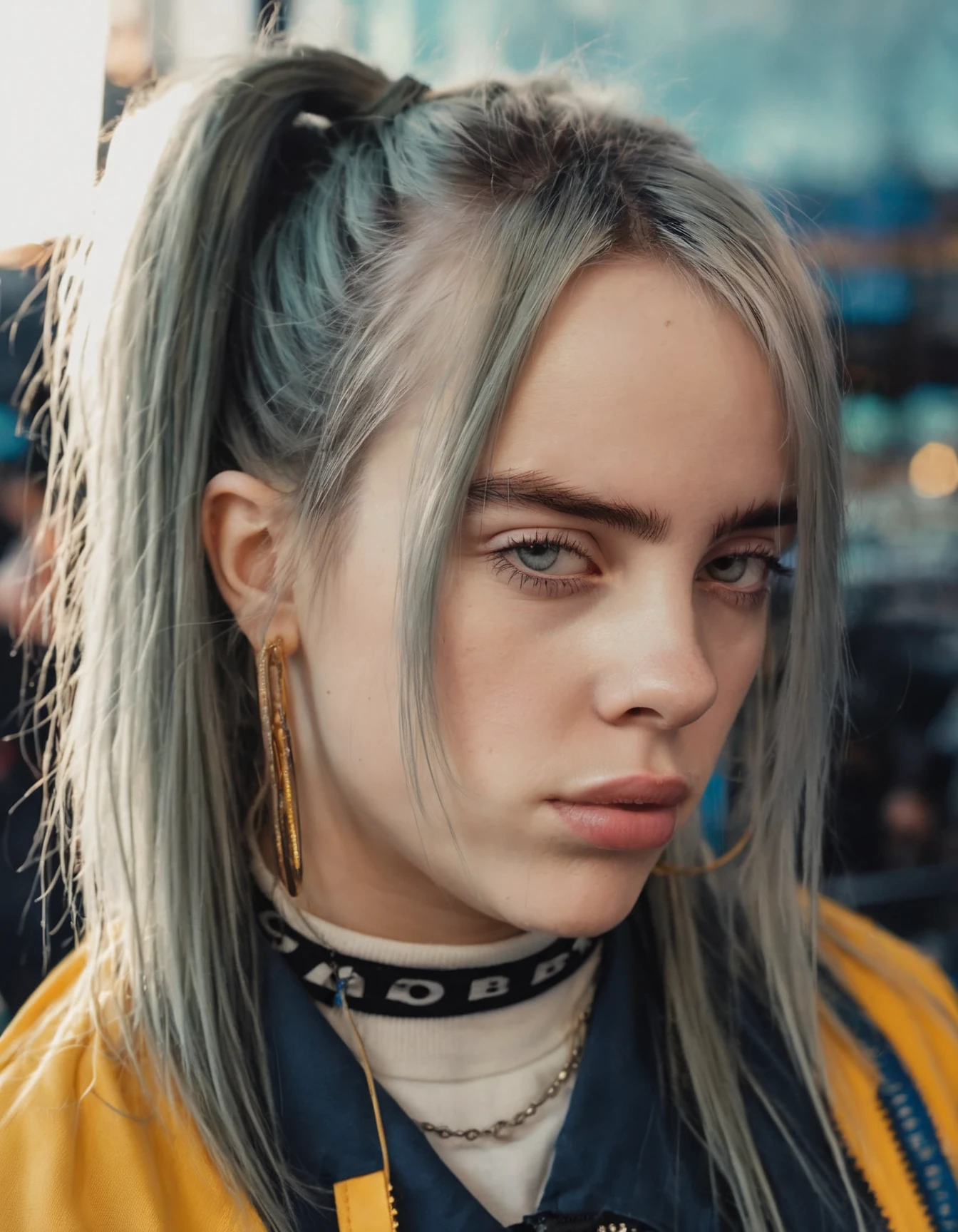 professional fashion close-up portrait photography of a young beautiful ((ohwx woman)) <lora:Billie_lora_sdxl_v4-000008:1> at aquarium during Evening, Nikon Z9