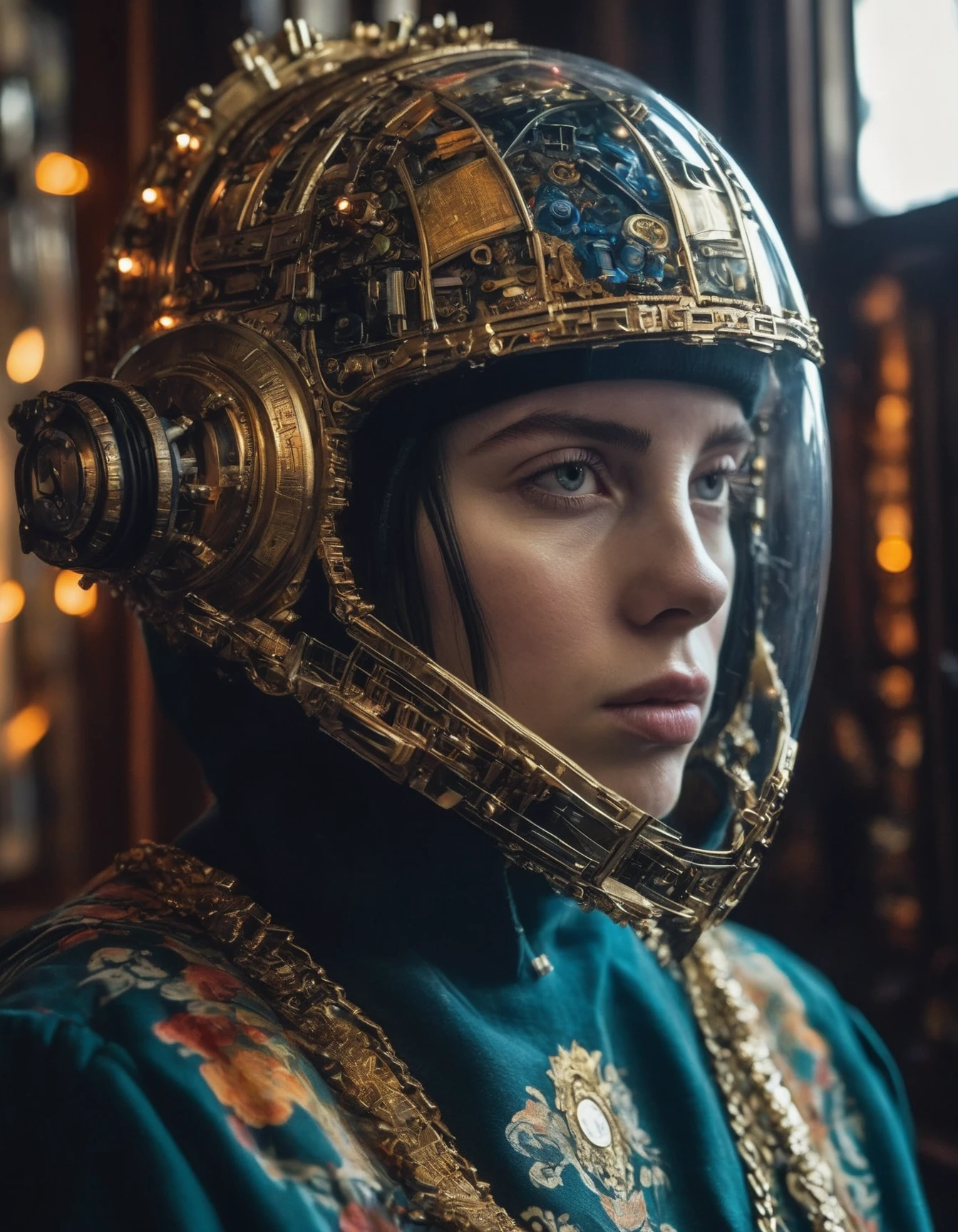 portrait of (ohwx woman) <lora:Billie_lora_sdxl_v4-000008:1> wearing an ornate cybernetic helmet, by jan van eyck and johannes vermeer. glowing lights intricate artwork masterpiece trending on artstation 8 k 150 mpx hdr cgsociety contest winner award winning photography beautiful lighting detailed realistic well proportioned headshot portrait unreal engine 5 extremely high quality wallpaper 4k octane render neon colors sharp focus illustration surrealism close up shot super wide angle shallow depth of field