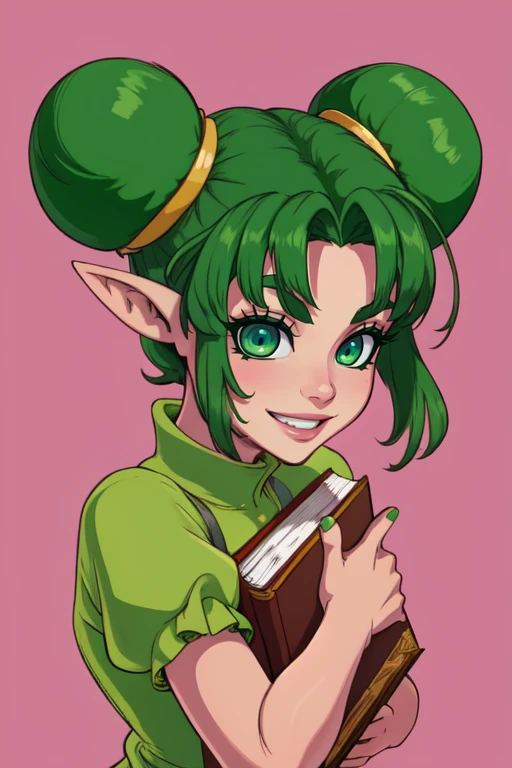 farore, pointy ears,green hair,double bun,green eyes, green fingernails,
Gdress,green dress,pink pantyhose, puffy short sleeves,brown footwear,
upper body, smiling,
holding book,
(insanely detailed, beautiful detailed face, masterpiece, detailed eyes, best quality),
<lora:farore:0.7>