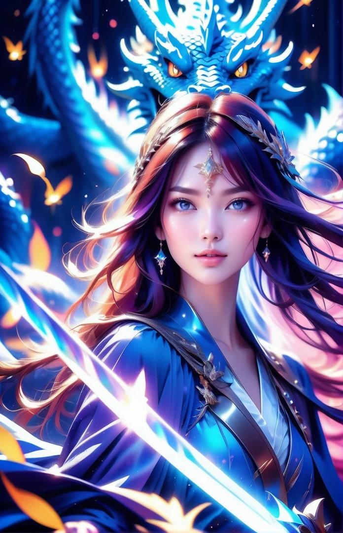 (mysterious:1.3), ultra-realistic mix fantasy,(1 giant eastern dragon:1.3) behind an asian woman holding a glowing sword,void energy thunder sword, in the style of dark azure and light azure, mixes realistic and fantastical elements, vibrant manga, uhd image, glassy translucence, vibrant illustrations, ultra realistic, long hair, straight hair, light purple hair,head jewelly, jewelly, shawls,light In eyes, red eyes, portrait, firefly, bokeh, mysterious, fantasy, cloud, abstract, colorful background, night sky, flame, very detailed, high resolution, sharp, sharp image, 4k, 8k, masterpiece, best quality, magic effect, (high contrast:1.4), dream art, diamond, skin detail, face detail, eyes detail, mysterious colorful background, dark blue themes