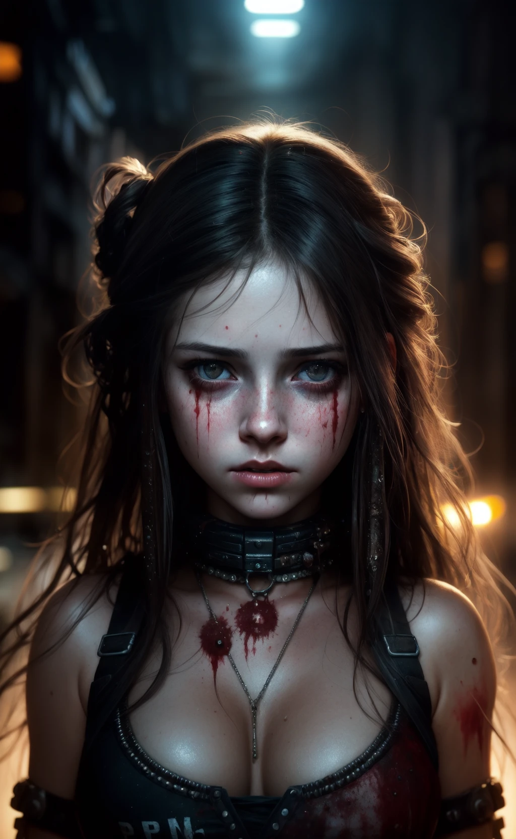 a cute girl, (epic portrait:0.85), flowing hair, sweaty skin, night, [[soft cinematic light, adobe lightroom, photolab, hdr, intricate, highly detailed, ]], ((by brian m viveros ,by Anna Razumovskaya )), (depth of field), epic realistic, (bloodpunk:1.2)