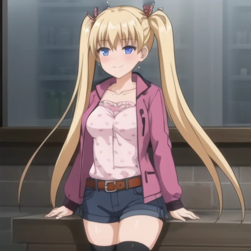(masterpiece, best quality:1.2),illustration,8k,hd,1girl,solo,full body,long_hair,blush,smile,blue_eyes,blonde_hair,ribbon,twintails,hair_ribbon,ahoge,collarbone,very_long_hair,long_sleeves,pink jacket,polka_dot,camisole,denim_shorts,red_belt,striped_thighhighs,medium_breasts,<lora:Akitsuki Airi-V1:0.9>,