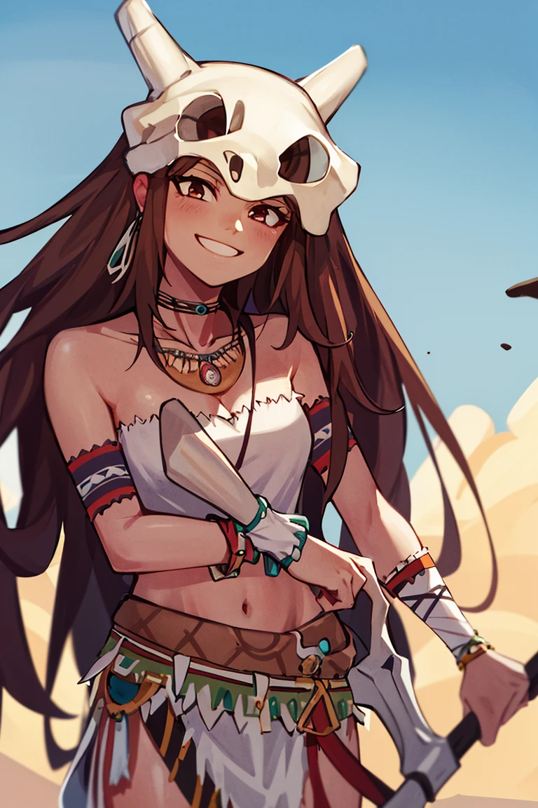 ((masterpiece,best quality)), absurdres,
<lora:Savage_Design:0.9>, Savage_Design, 1girl, bone necklace, tribal, brown hair, 
solo, smiling, looking at viewer, cowboy shot, 
cinematic composition, dynamic pose,