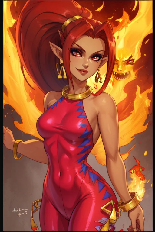 din, long red hair,pointy ears,red eyes,ponytail,makeup,
red bodysuit, jewelry,bracelet,bangle,neck ring,earrings,sandals,skin tight, unitard,
standing, upper body, smiling,
flames in background, 
(insanely detailed, beautiful detailed face, masterpiece, detailed eyes, best quality), 
 <lora:din:0.8>