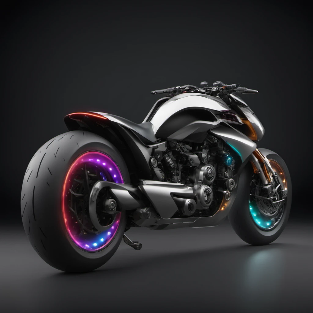 cinematic photo bike, concept futuristic design , platinum metal chrome combinations, colorful paintwork,  <lora:BikeMaker-SDXL:1.3>,  pattern (deep  tire tread:1.1) on rubber tires,side view, dark studio . 35mm photograph, film, bokeh, professional, 4k, highly detailed