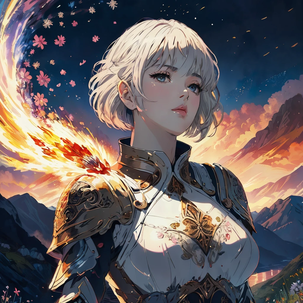best quality, masterpiece, 4k, highres, anime film, intricate detailed, hdr, 1girl, Statuesque, Medium Length French Bob Hairstyle, bikini armor, A secluded mountain valley with a meandering river and wildflowers in bloom, Rule of Thirds, Stability, Particles, motivated light, warm light, high key, A series of explosions cascade like fireworks, painting the horizon with a fiery spectacle, close up to face