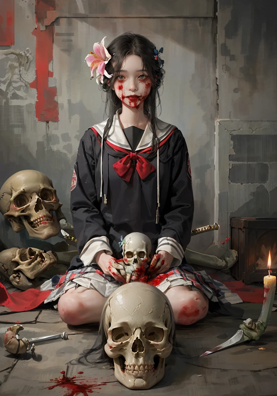 masterpiece,(masterpiece, top quality, best quality,1girl, long hair, black hair, flower, candle, blood, hair flower, solo, hair ornament, bone, weapon, sitting, sword, doll, guro, skull, skeleton, school uniform, horror (theme)