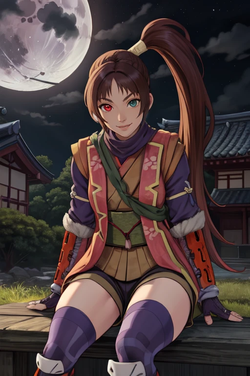 Akane,brown hair,heterochromia,ponytail,side ponytail,
Yagyu,toeless legwear,thighhighs,armor,fingerless gloves,shorts,scarf,sandals,kote,
standing, smile, upper body, face focus, sitting,
Japanese building,nighttime,moon,Sengoku period,
(insanely detailed, beautiful detailed face, masterpiece, best quality) <lora:AkaneYagyu:0.7>,