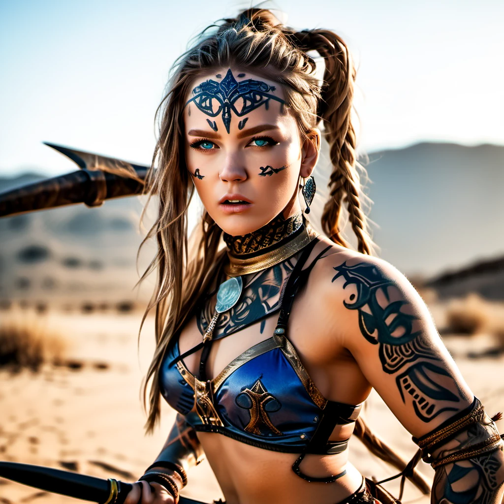 highly detailed candid photo of barbarian:1.2,

1girl,solo, long hair, breasts, blue eyes, jewelry, underwear, upper body, earrings, outdoors, parted lips, midriff, bra, blue skey, lips, tattoo, suspenders, twin braids, spear, holding weapon, 


masterpiece, best quality:1.1, realistic:1.3,
low key lighting:1.3, 

ultra photoreal, photorealistic:1.3, sharp focus:1.1, 
depth of field:1.5, 

50mm, style of Nathan Wirth, Hasselblad X1D II, Porta 160,
