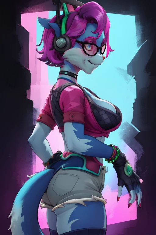 Pepper,furry,,animal ears,purple hair,tail on upper buttocks, short hair,blue eyes,animal nose,makeup,body fur, pink fingernails,
PepGear,fingerless gloves,shoes,choker,short sleeves,shirt,headphones,short shorts,cleavage,collarbone,striped thighhighs,
standing, smile, solo, black-framed eyewear, from side, large breasts,
upper body,
nightclub,
(insanely detailed, beautiful detailed face, masterpiece, best quality), <lora:Pepper:0.8>