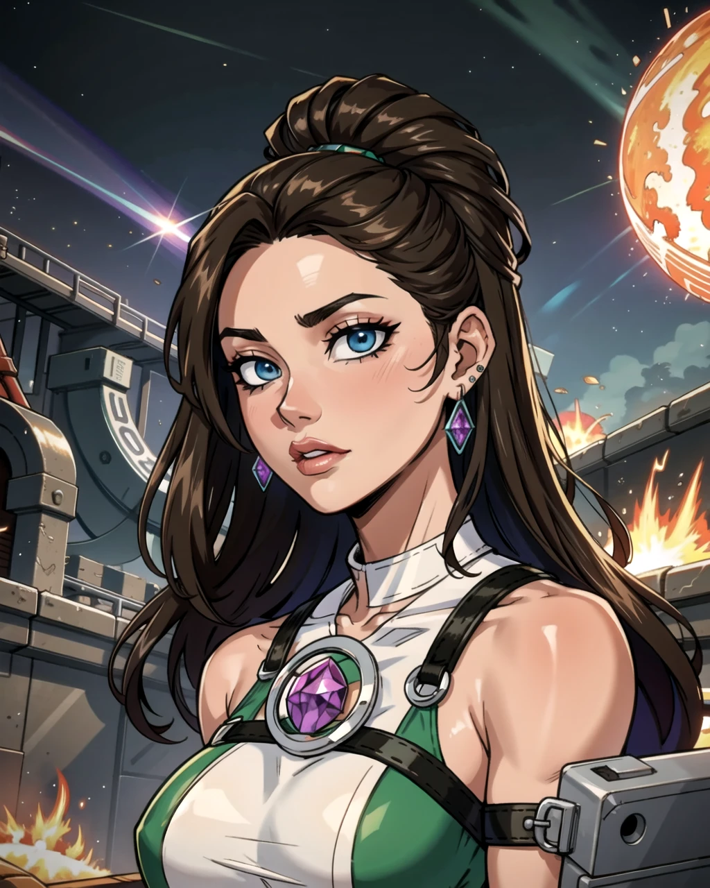 ((masterpiece), best quality, high quality, professional quality, highly detailed, highres, perfect lighting, natural lighting), thriving, neon-lit cyberpunk street, A planet with multiple, concentric rings, casting intricate shadows and patterns on its surface., Desert Planet, manticore,Rogue Moving with stealth and grace, Ruler, Average Height, Bulky, Diamond-Shaped Face, Dark Skin, White Hair, Blue Eyes with Green Flecks, Long Nose, Thick Lips, Sharp Chin, French Fork, Short, Pompadour, A volcanic wasteland, with rivers of fire flowing into a molten sea,Amethyst, A crystalized gem with facets that reflect and amplify light, creating a dazzling spectacle, Covered, Madame, Tall, Athletic, Triangular Face, Olive Skin, Brunette Hair, brown Eyes, Straight Nose, Thick Lips, Round Chin, Shoulder-Length Hair, Thick Hair, Sleek Straight Hair, firm breasts, Faux gauge earrings, brown stain lipstick