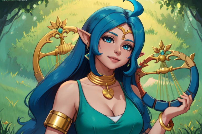 nayru, long blue hair, pointy ears,blue eyes,ahoge,
Blue dress, bracelet,circlet,armlet,necklace,earrings,cleavage,
upper body, smiling, holding harp,
lake, morning, grass,
(insanely detailed, beautiful detailed face, masterpiece, detailed eyes, best quality), <lora:nayru:0.8>