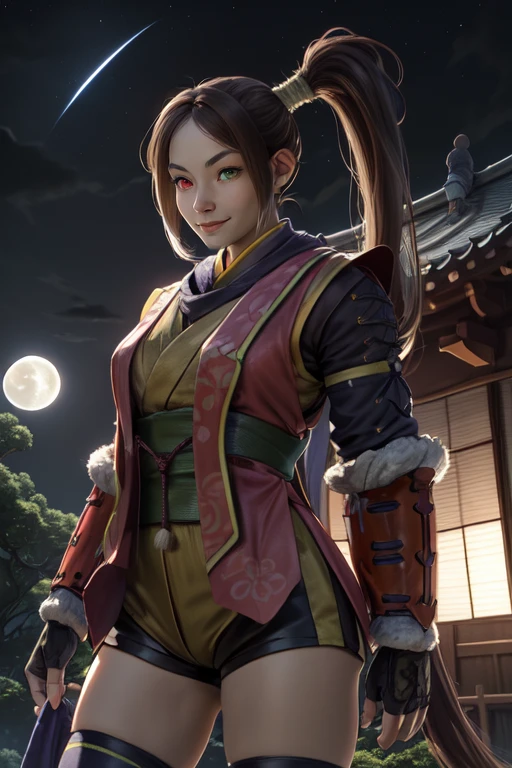 Akane,brown hair,heterochromia,ponytail,side ponytail,
Yagyu,toeless legwear,thighhighs,armor,fingerless gloves,shorts,scarf,sandals,kote,
standing, smile, upper body,
Japanese building,nighttime,moon,Sengoku period,
(insanely detailed, beautiful detailed face, masterpiece, best quality) <lora:AkaneYagyu:0.7>,