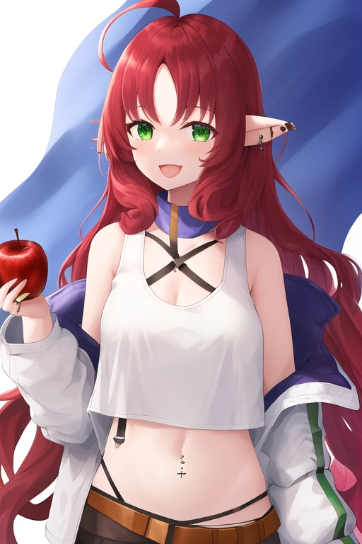 masterpiece, best quality, highres, solo, {myrtle_arknights:1.10}, long_hair, pointy_ears, bangs, red_hair, ahoge, green_eyes, smile, holding, open_mouth, flag, parted_bangs, fruit, food, apple, navel, brown_hair, ear_piercing, very_long_hair, 1girl, jacket, looking_at_viewer, upper_body, white_jacket, bare_shoulders, long_sleeves, off_shoulder, open_clothes, open_jacket, piercing, simple_background, tank_top, white_background, :d, holding_flag, white_tank_top