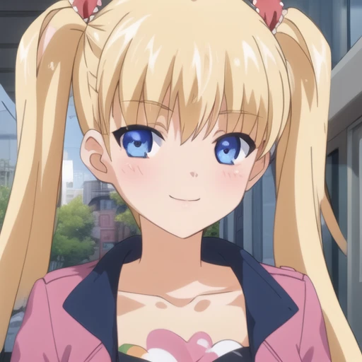 (masterpiece, best quality:1.2),illustration,8k,hd,1girl,solo,upper body,(portrait:1.2),long_hair,blush,smile,blue_eyes,blonde_hair,ribbon,twintails,hair_ribbon,ahoge,collarbone,very_long_hair,long_sleeves,pink jacket,polka_dot,camisole,denim_shorts,red_belt,striped_thighhighs,medium_breasts,<lora:Akitsuki Airi-V1:0.9>,