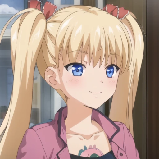 (masterpiece, best quality:1.2),illustration,8k,hd,1girl,solo,upper body,(portrait:1.2),long_hair,blush,smile,blue_eyes,blonde_hair,ribbon,twintails,hair_ribbon,ahoge,collarbone,very_long_hair,long_sleeves,pink jacket,polka_dot,camisole,denim_shorts,red_belt,striped_thighhighs,medium_breasts,<lora:Akitsuki Airi-V1:0.9>,