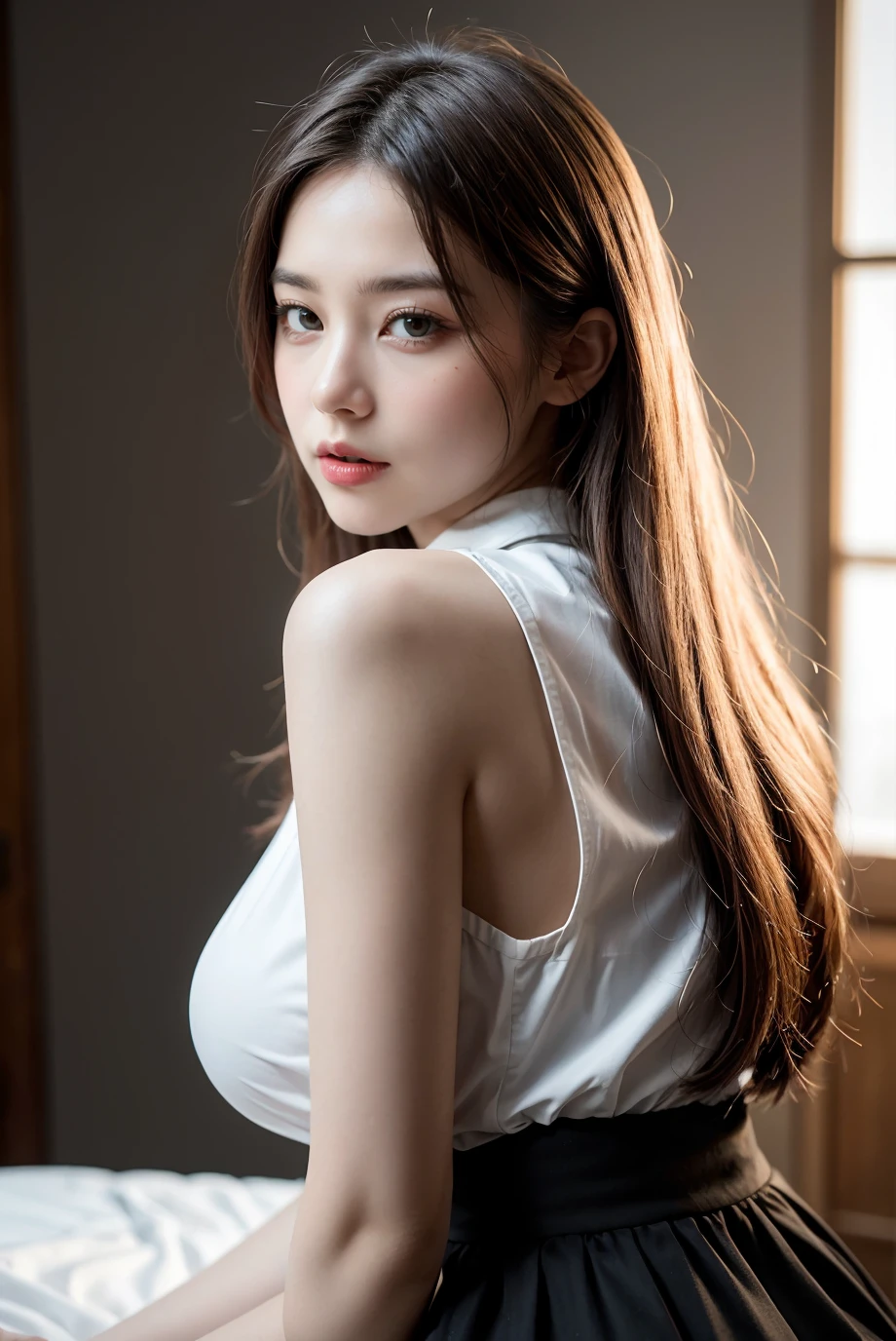 (best quality), (realistic, photo-realistic:1.3), (masterpiece:1.3), CG, unity, 8k, amazing, finely detail, ultra-detailed, highres, absurdres
,sleeveless white button shirt, black skirt, black choker, (1 girls), solo, cute, sexy body, (innocent face), young, (Kpop idol), (aegyo sal:1)
, (platinum blonde hair:1), ((puffy eyes)), looking at viewer, full body, facing front
, extremely delicate and beautiful, extremely detailed, beautiful detailed girl, detailed fingers, best shadow, extremely detailed eyes and face, beautiful detailed nose, beautiful detailed hand, beautiful detailed eyes, beautiful delicate glossy lips:0.8, (glossy face and body skin), ((oily body skin)), ((dramatic light))