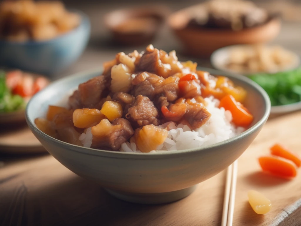 A close-up shot of a bowl of delicious Robabon Rice, a popular dish in Asian cuisine. The rice is cooked to perfection, with each grain separate and fluffy. It's topped with a variety of colorful vegetables and meat, creating a vibrant and appetizing display. The bowl is placed on a rustic wooden table, with a pair of chopsticks resting on the side. The scene is set in a homey kitchen environment, with blurred background elements that suggest a warm, everyday setting. The lighting should be natural and soft, highlighting the appetizing qualities of the Robabon Rice and the cozy atmosphere of the setting, <lora:robabon:0.75>