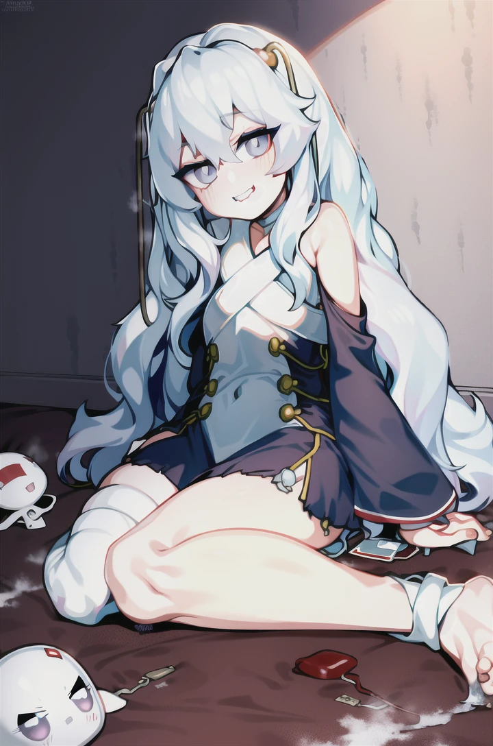 (Best quality, masterpiece),sexual, ??????, ???, NFV, 1 girl, 18 years, contempt, pride, long silver hair,sparkling eyes, ((on the knees)), ((( ????????????))), ((green eyes)), ((two ponytails)), White dress