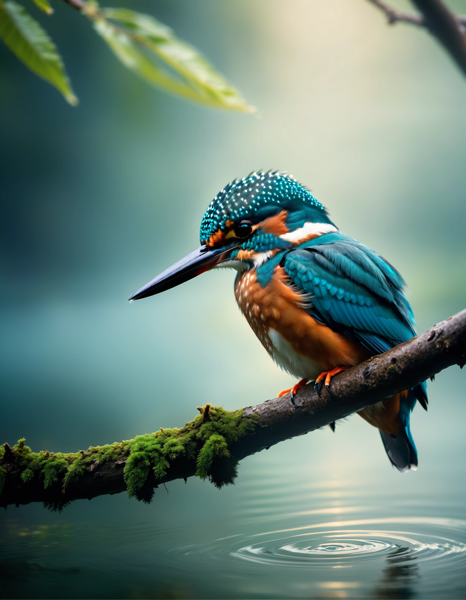 macro photo of kingfisher on a branch above the water's edge, masterpiece, best quality, photograph, dreamlike, face focus, sharp focus, photography, photorealism, photorealistic, 8k, soft focus, glowing eyes, volumetric light, misty,