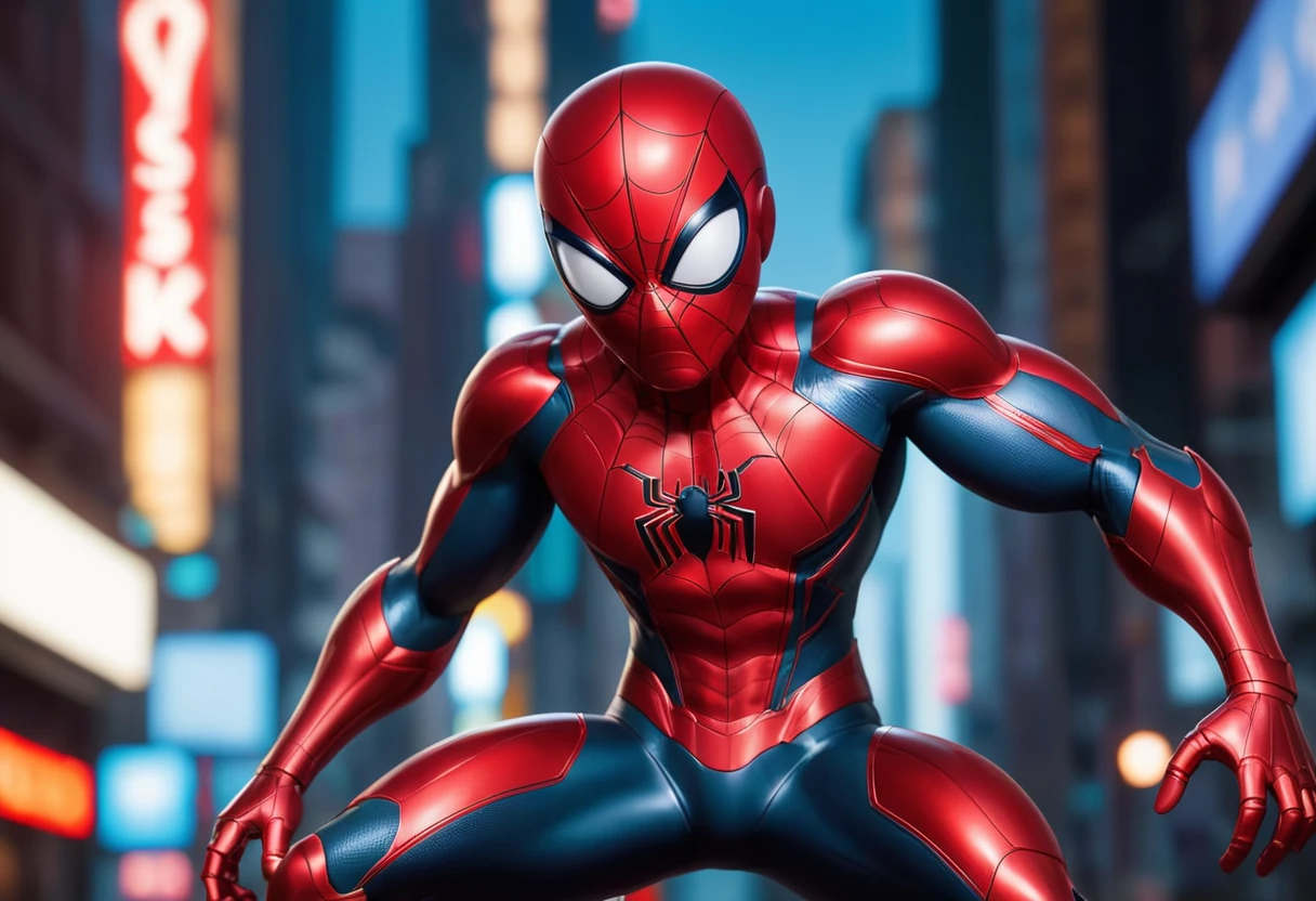 MCU Iron Spiderman, metal suit, swinging through NYC, night time, darkness, neon signs, Ektachrome, Romantic, Realism, flat lighting, gilded technique, DOF, bokeh, digital cinematic color grading natural lighting cool shadows warm highlights soft focus actor directed cinematography dolbyvision
