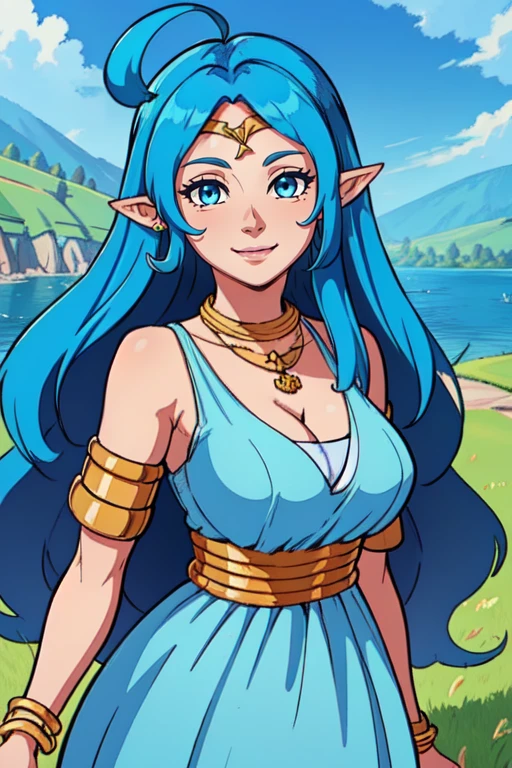 nayru, long blue hair, pointy ears,blue eyes,ahoge,jewelry,
Blue dress, bracelet,circlet,armlet,necklace,earrings,cleavage,
upper body, smiling, standing,
lake, morning, grass,
(insanely detailed, beautiful detailed face, masterpiece, detailed eyes, best quality), <lora:nayru:0.8>