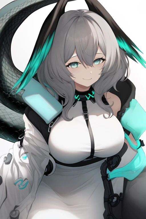 masterpiece, best quality, highres, solo, {ho_olheyak_arknights:1.10}, grey_hair, bangs, breasts, head_wings, smile, large_breasts, hair_between_eyes, tail, green_eyes, short_hair, blue_eyes, aqua_eyes