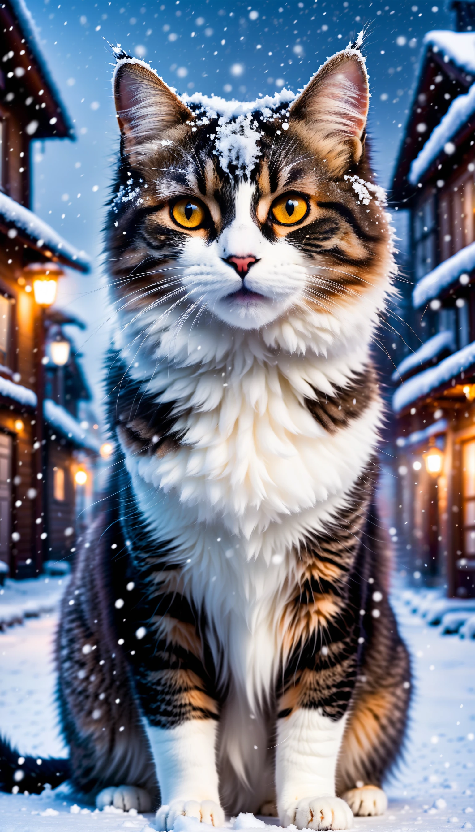 glamour shot of a cute cat in the middle of a snow covered village street, masterpiece, best quality, an angry cat, winter, night, heavy snowfall, snowstorm 