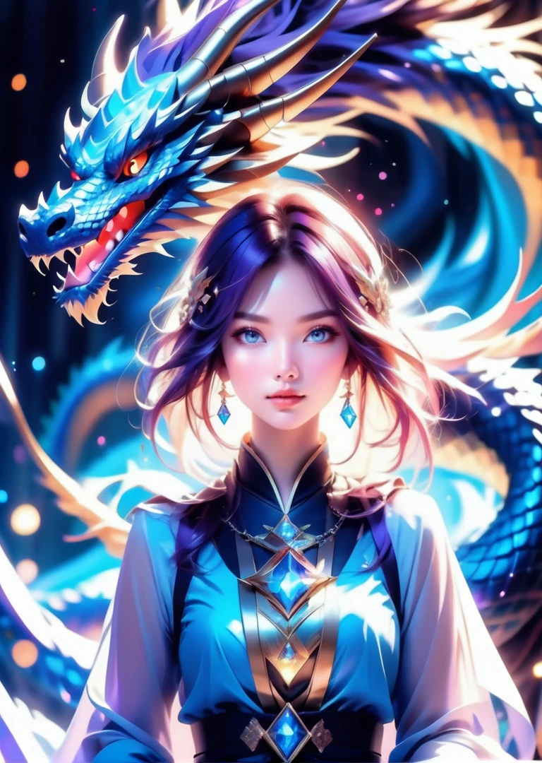 (mysterious:1.3), ultra-realistic mix fantasy,(1 giant eastern dragon:1.3) behind an asian woman holding a glowing sword,void energy diamond sword, in the style of dark azure and light azure, mixes realistic and fantastical elements, vibrant manga, uhd image, glassy translucence, vibrant illustrations, ultra realistic, long hair, straight hair, light purple hair,head jewelly, jewelly, shawls,light In eyes, red eyes, portrait, firefly, bokeh, mysterious, fantasy, cloud, abstract, colorful background, night sky, flame, very detailed, high resolution, sharp, sharp image, 4k, 8k, masterpiece, best quality, magic effect, (high contrast:1.4), dream art, diamond, skin detail, face detail, eyes detail, mysterious colorful background, dark blue themes