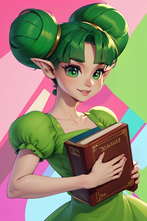farore, pointy ears,green hair,double bun,green eyes,
Gdress,green dress,pink pantyhose, puffy short sleeves,brown footwear,
upper body, smiling,
holding book,
(insanely detailed, beautiful detailed face, masterpiece, detailed eyes, best quality),
<lora:farore:0.7>