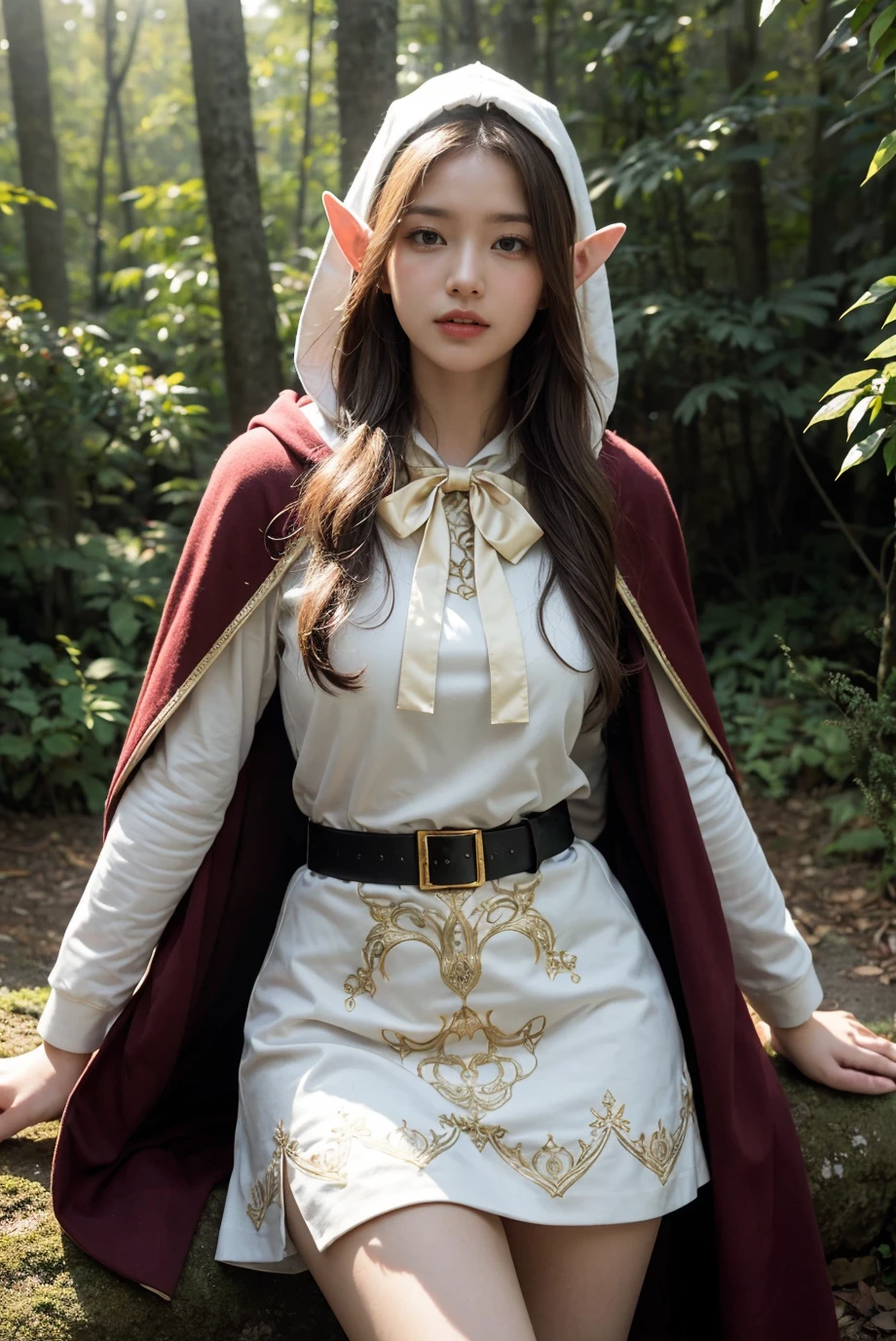 (best quality), (realistic, photo-realistic:1.3), (masterpiece:1.3), CG, unity, 8k, amazing, finely detail, ultra-detailed, highres, absurdres
, (1 girls), solo, cute, ((thigh:1.4)), sexy body, (innocent face), young, (looking at viewers), (closed mouth:1.2), (((in the mysterious forest))),
female, pointy ears, solo, navel, hood, colored skin, midriff, looking at viewer, long hair, cloak, ((elf:1.4)), large breasts, ((white hair)), hood up, cape, ((hooded cloak, ornate belt)), green eyes, upper body, ((long bow weapon:1.4)), (Sexy white dress with gorgeous gold patterns:1.4)
extremely delicate and beautiful, extremely detailed, beautiful detailed girl, detailed fingers, best shadow, extremely detailed eyes and face, beautiful detailed nose, beautiful detailed hand, beautiful detailed eyes, beautiful delicate glossy lips:0.8, (glossy face and body skin), ((oily body skin)), ((dramatic light))