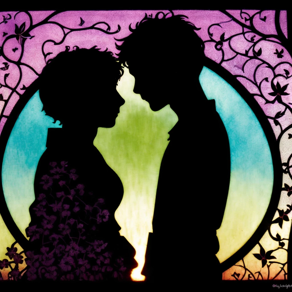 Surreal image full of colors that is implifying a((( heart shape))), wonderland, a lot of tiny details, rabbits, gummy bears, flowers, birds, deers, animals, castle, ((bright green aura)), the heart should be framing all the picture, alfons mucha style, sunrise, romantic, rainbow, tiffany glass, realistic, ((((dark silhouttes of boy and girl looking at each other))))
