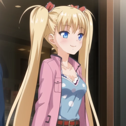 (masterpiece, best quality:1.2),illustration,8k,hd,1girl,solo,long_hair,blush,smile,blue_eyes,blonde_hair,ribbon,twintails,hair_ribbon,ahoge,collarbone,very_long_hair,long_sleeves,pink jacket,polka_dot,camisole,denim_shorts,red_belt,striped_thighhighs,medium_breasts,<lora:Akitsuki Airi-V1:0.9>,