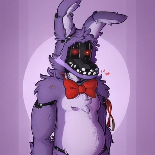 Withered Bonnie, femboy, sitting on both knees, purple body, purple fur, big butt, robot, slut outfit